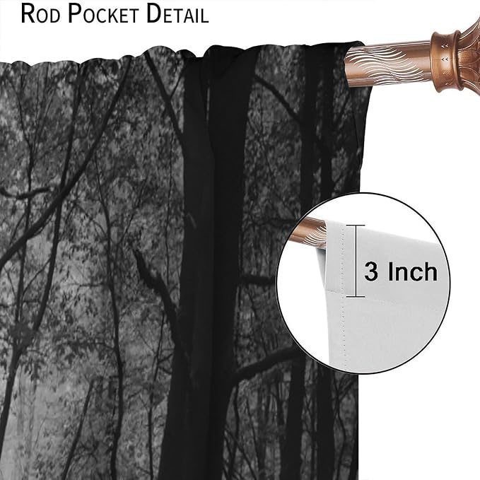 Forest Blackout Curtains,Gothic Natural Scenery Fantasy Dark Black Misty Foggy Mysterious Forest Woodland Tree Art Printed Windows Treatments Rod Pocket Drapes For Living Room Bedroom Kitchen 52x96in