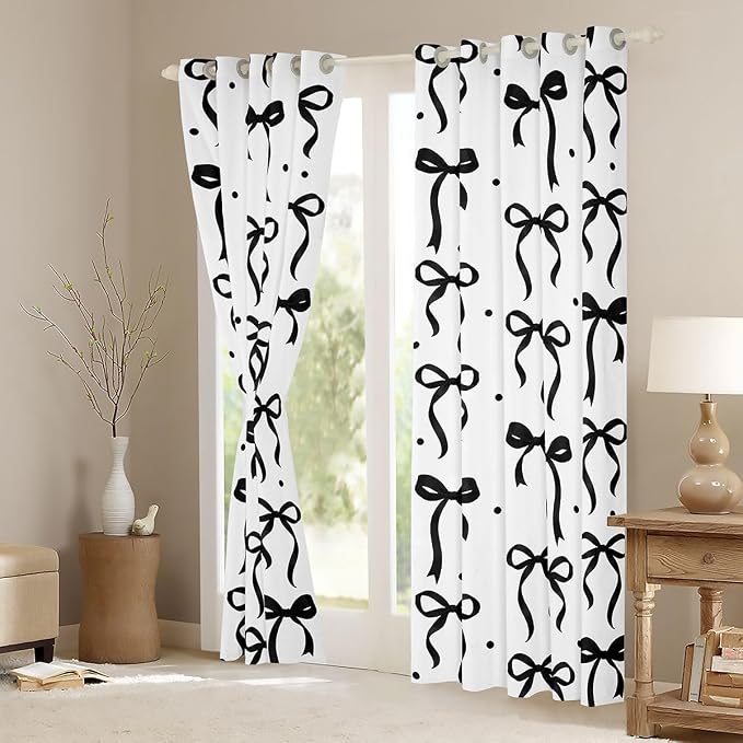 Feelyou Girls Bow Curtains for Bedroom Living Room Black White Bowknot Blackout Darkening Drapes Coquette Aesthetic Window Treatments, 2 Panels 52 x 84 Inch Kawaii Cute Princess Style Room Decor