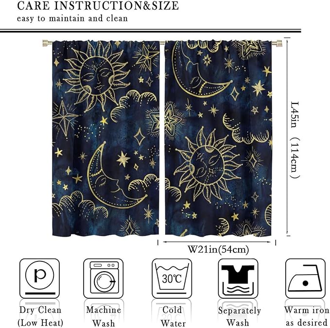 Boho Sun Moon Blackout Window Curtains, Bohemia Theme Sun Moon Stars Print Pattern Rod Pocket Window Drapes, for Living Room Bedroom 42x45in 2 Panels