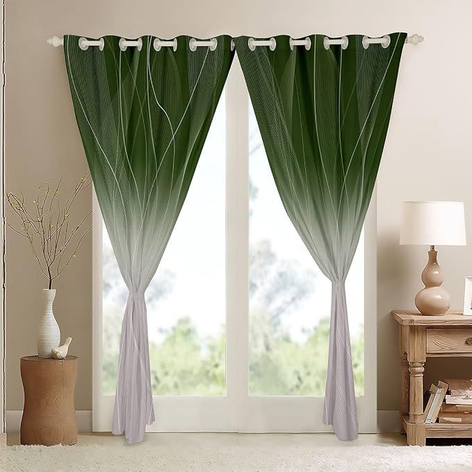 jejeloiu Green Darkening Drapes Kids Ombre Strip Lines Curtains for Bedroom Living Room Gradient Style Blackout Curtains for Women Men Lightweight Abstract Window Treatments