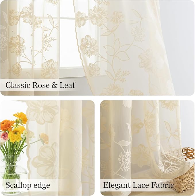 Treatmentex Beige Lace Curtains 63inch Rose Floral and Leaf Sheer Window Curtains for Living-Room Bedroom Vintage Leaf Knitted Lace Sheer Curtain Panels Ivory, 54" w 2pcs Rod Pocket