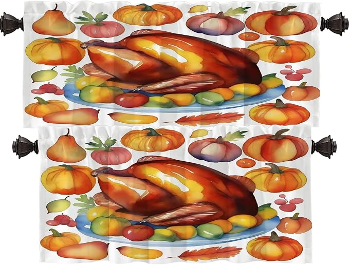 Shrahala Turkey Pumpkin Thanksgiving Blackout Short Curtains for Windows, Watercolor Fruits Delicious Food Pears Kitchen Valance Thermal Insulated Rod Pocket Window Treatment 2 Pack 52 X 16 in