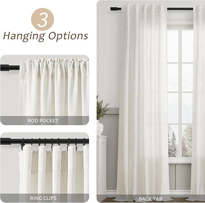 Aersas Cream Linen Back Tab Curtains for Living Room 2 Panel Light Filtering Semi Sheer Drapes Neutral Country Rustic Farmhouse Boho Curtain 40x108