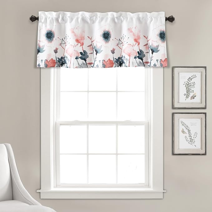 Lush Decor Zuri Flora Room Darkening Valance Curtain Single 52" W x 18" L + 2" Header Blue & Coral - Valances for Windows - Floral Kitchen Curtains