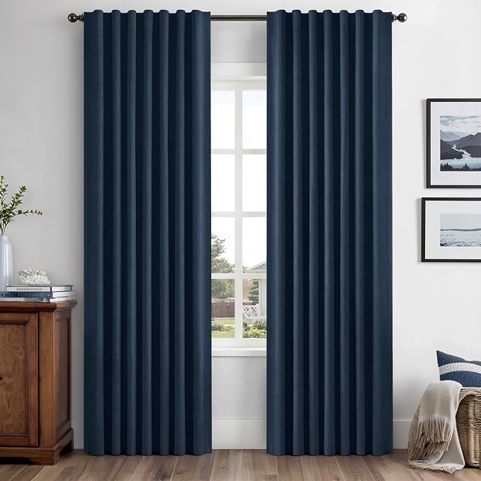 MIULEE 100% Blackout Linen Curtains for Bedroom, Midnight Blue Solid Luxury Decor Thermal Insulation Room Darkening Drapes for Living Room Back Tab Rod Pocket 42 x 90 Inches, 2 Panels