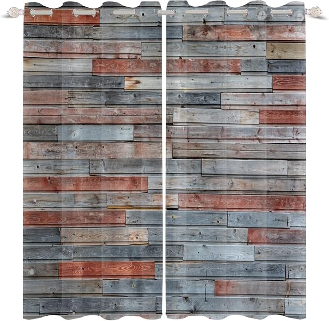 Wooden Curtains Wood Planks Wall Textured Art Print Wooden Window Curtains Grain Cottage Rustic Wooden Barn Door Hardwood Garage Door Living Room Bedroom Window Drapes,21x63 inch,2 Panels