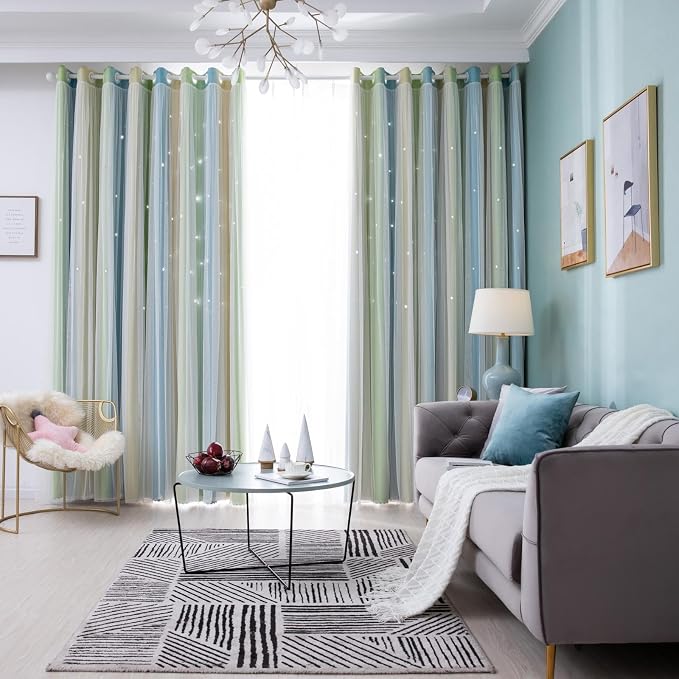 Yellow Green Blackout Curtains 96 inches Long for Kids Rooms 2 Panels, Privacy Light Filtering Cute Drapes, Thick Grommet Nursery Star Princess Curtains for Glass Door Bedroom