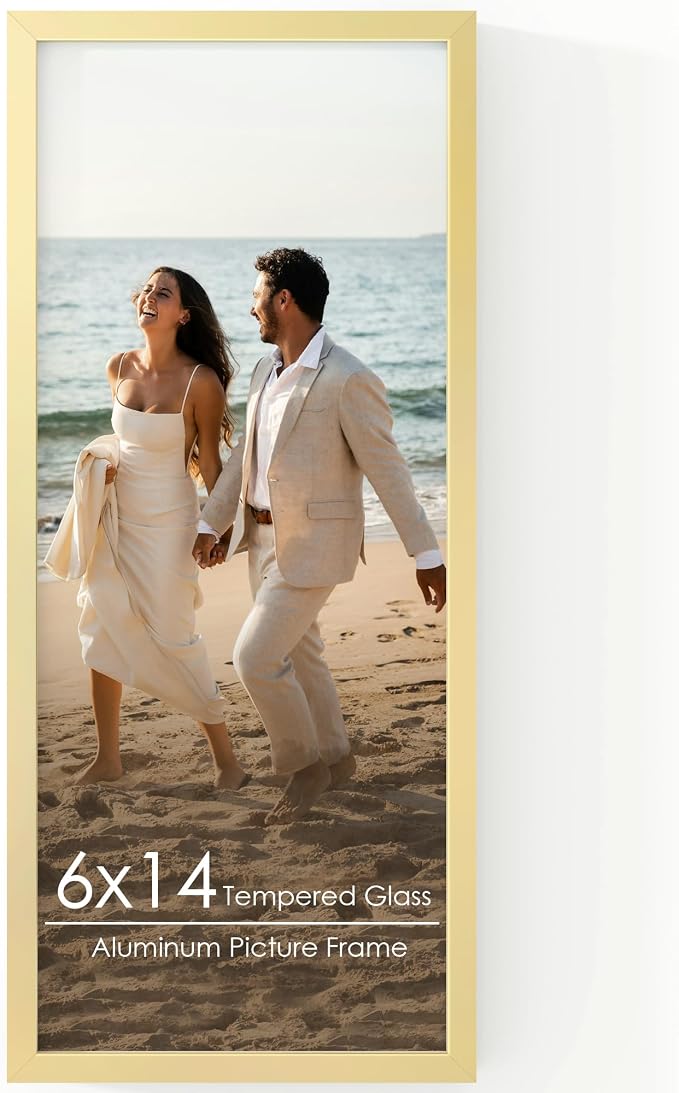 FLYJOE 6x14 Metal Picture Frame - Gold Aluminum Picture Frames with Real Glass, Wall Mounting Horizontally or Vertically, Simple and Elegant Decor for Wall Gallery Poster Photo 14x6 Frames, Gold