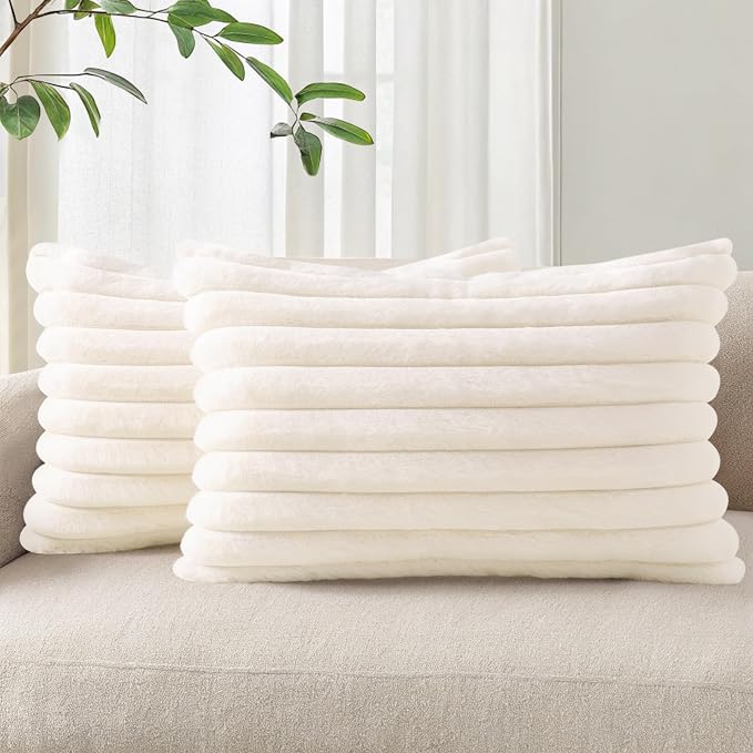 Pallene Faux Fur Plush Lumbar Fall Throw Pillow Covers 12x20 Set of 2, Luxury Soft Fluffy Striped Decorative Pillow Covers for Sofa, Couch, Living Room, Cream White