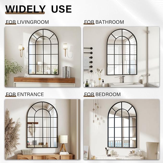 30"×40" Windowpane Arched Wall Mirror, Grid-Designed Decorative Farmhouse Wall Mounted Mirror with Metal Frame Hanging Leaning for Entryway, Living Room, Home Decor, Black