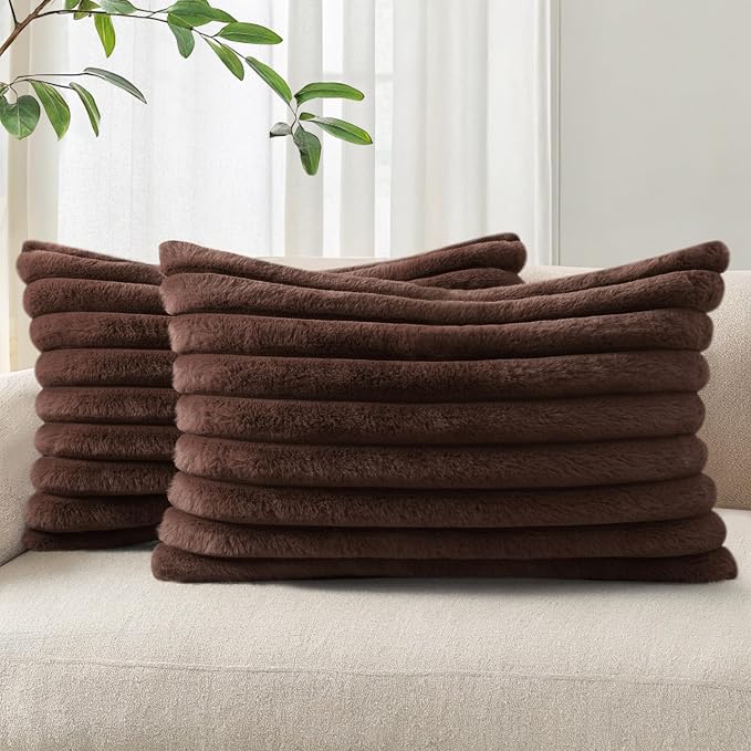 Pallene Faux Fur Plush Lumbar Throw Pillow Covers 12x20 Set of 2, Luxury Soft Fluffy Striped Decorative Pillow Covers for Sofa, Couch, Living Room, Dark Brown