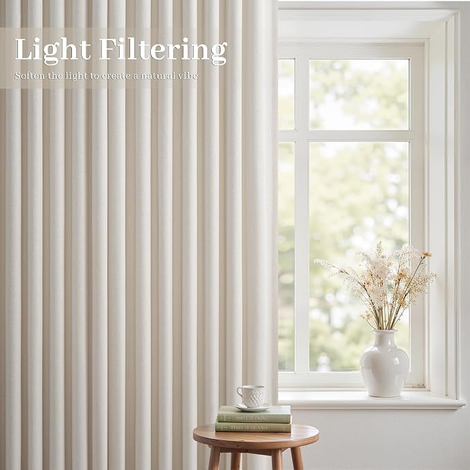 105 Inch Curtains 2 Panels Set,Two Packs Pinch Pleat Back Tab Linen Window Semi Sheer Privacy Thick Decorative Curtain Drapes for Living Room Bedroom,40x105 in Long,Ivory Beige