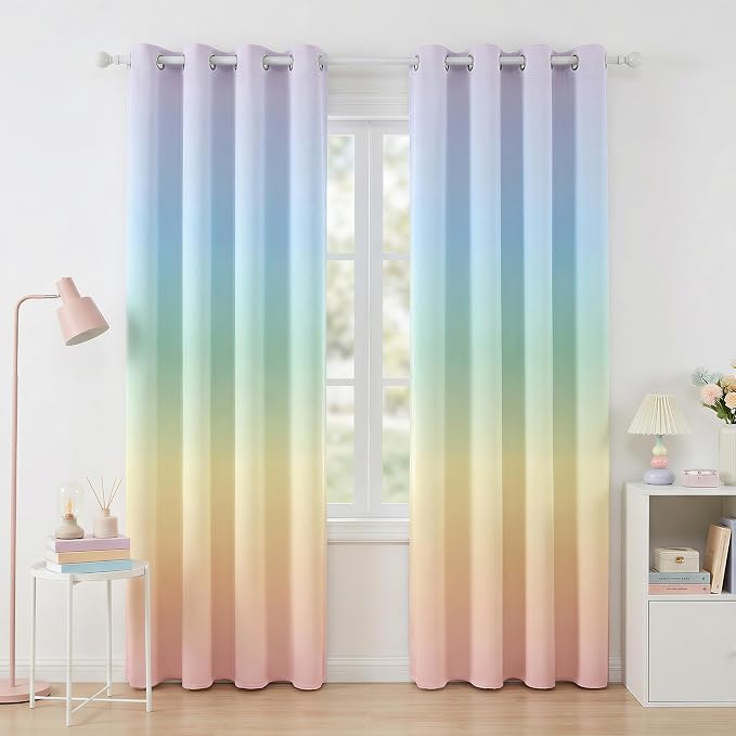 Pastel Rainbow Gradient Blackout Curtains - 100% Blackout, Thermal Insulated, Noise Reducing, Ombre Room Darkening Curtain for Girls Room, Sweet and Dreamy Design, 2 Panels, Each W52×L84