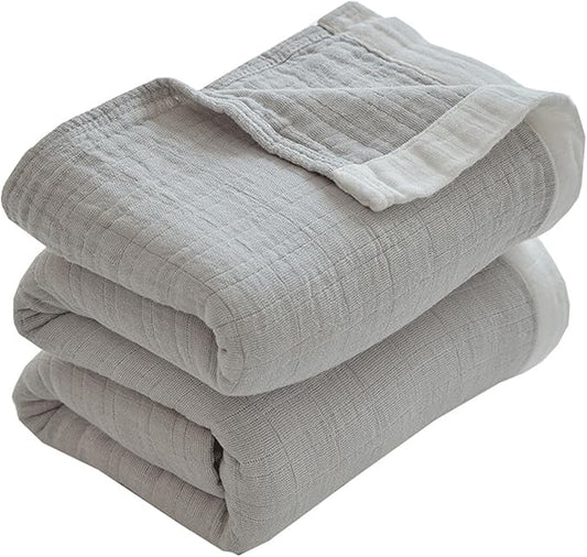 100% Cotton Muslin Blanket 60"x80", Grey Throw Blankets for Couch Bed Sofa Chair, 4-Layer Soft Cozy Quilt Travel Blanket, Farmhouse Decor,All Seasons
