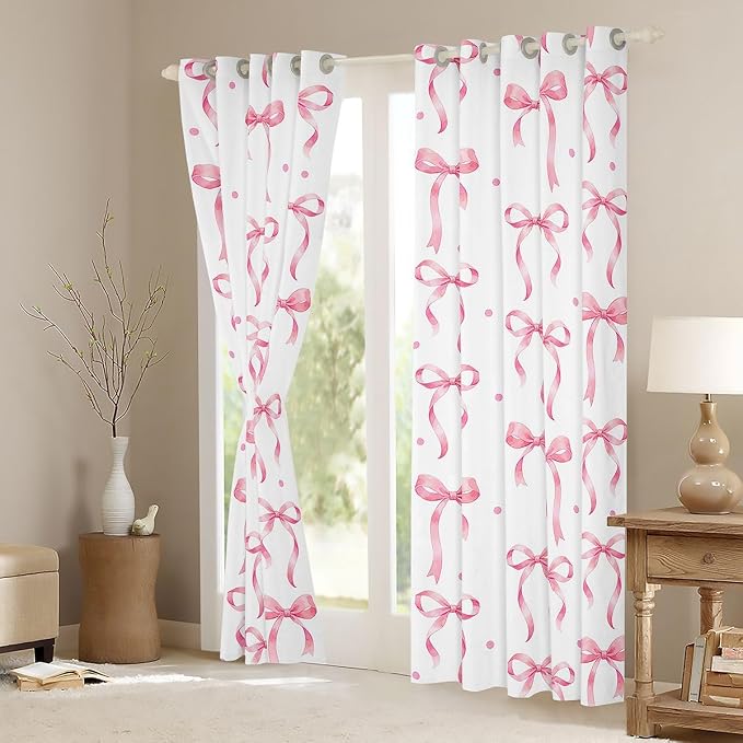 Feelyou Girls Bow Blackout Curtains Pink Bowknot Darkening Drapes for Bedroom Living Room Dreamy Princess Thermal Insulated Shades Coquette Aesthetic Window Treatments, 2 Panels 38 x 54 Inch Cute
