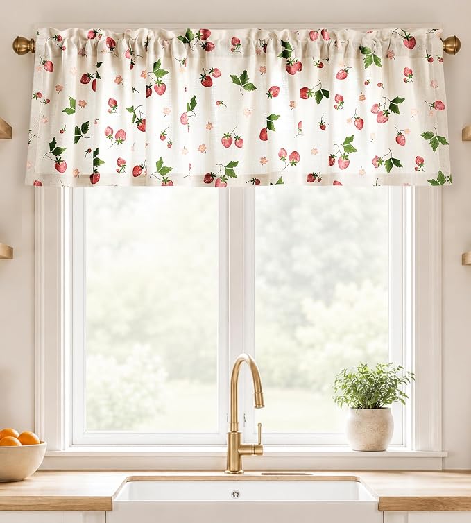 Miss Adola Valance Curtain for Windows - 16 Inch Linen Blend Farmhouse Strawberry Valance for Kitchen Living Room Bedroom Bathroom Short Curtain with Rod Pocket, 1 Panel