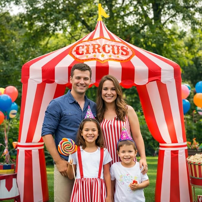 10ft Carnival Circus Tent Party Decorations, Red and White Striped Inflatable Arch with Build in LED Lights, Blow Up Tent for Circus Carnival Halloween Themed Birthday Party Decorations