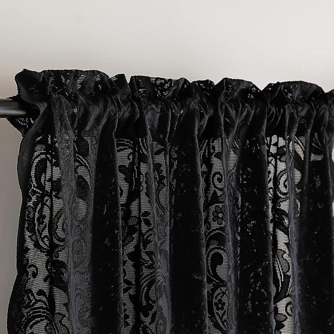 Black Floral Curtains 108 Inches Long 2 Panels Set Elegant Boho Lace Semi Sheer Curtain Drapes for Living Room Sliding Glass Door 9ft Tall Farmhouse/ Gothic/Skull /Halloween Decor, 52W x 108L Inch