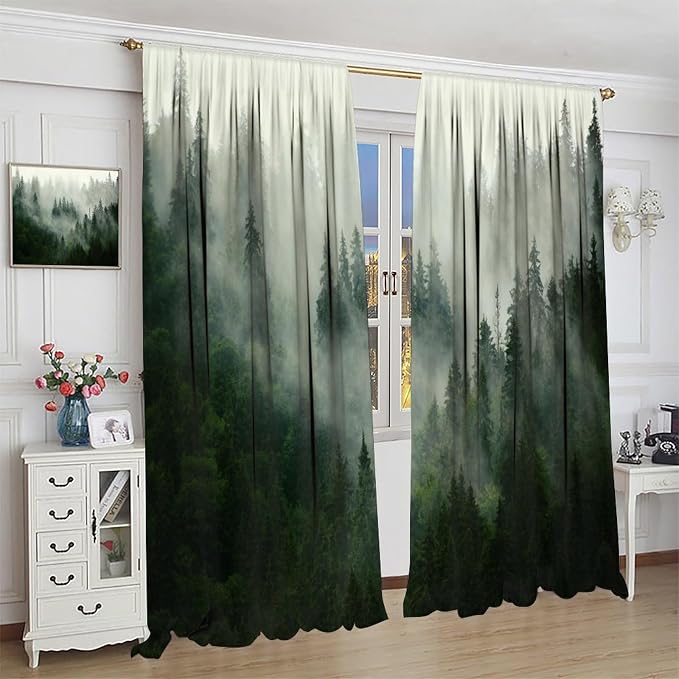 Forest Curtains, Nature Green Spring Foggy Mountain Peaks Vibrant Forest Plants Trees Window Treatments Drapes for Kids Boys Girls Living Room Bedroom 42x45in（No Blackout）