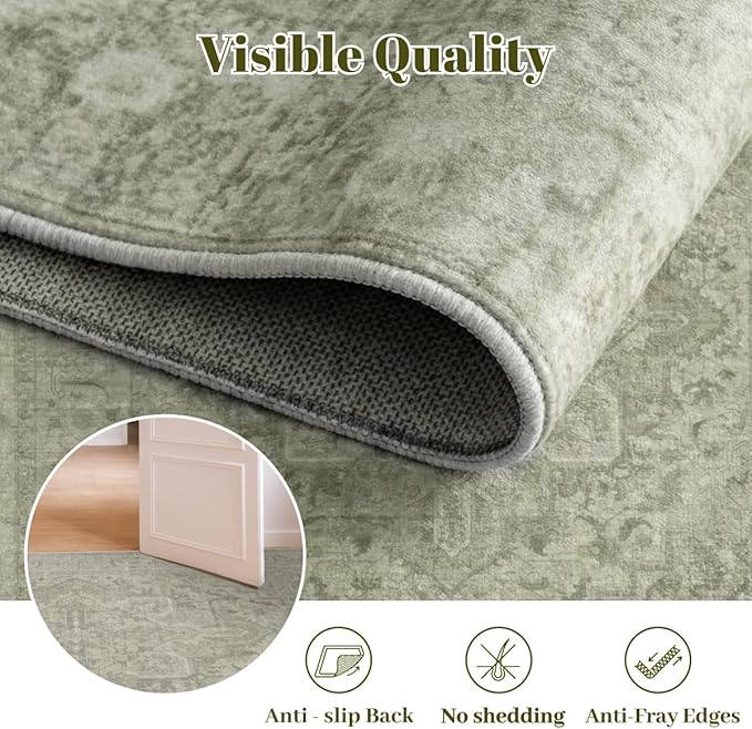 Homemate Washable Rug 9x12 Area Rugs - Vintage Faux Wool Rugs for Living Room Bedroom Dining Room - Non Slip Foldable Carpet Indoor Area Rug for Home Decor（9'x12', Green