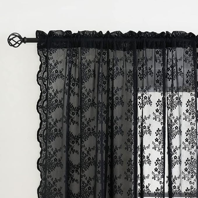 YJ YANJUN Vintage Lace Curtains 84 Inches Long-Victorian Floral Pattern Black Sheer Curtain Panels for Living Room Bedroom,Light Filtering, Gothic Witchy Halloween Drapes 2 Panels 52W x 84L