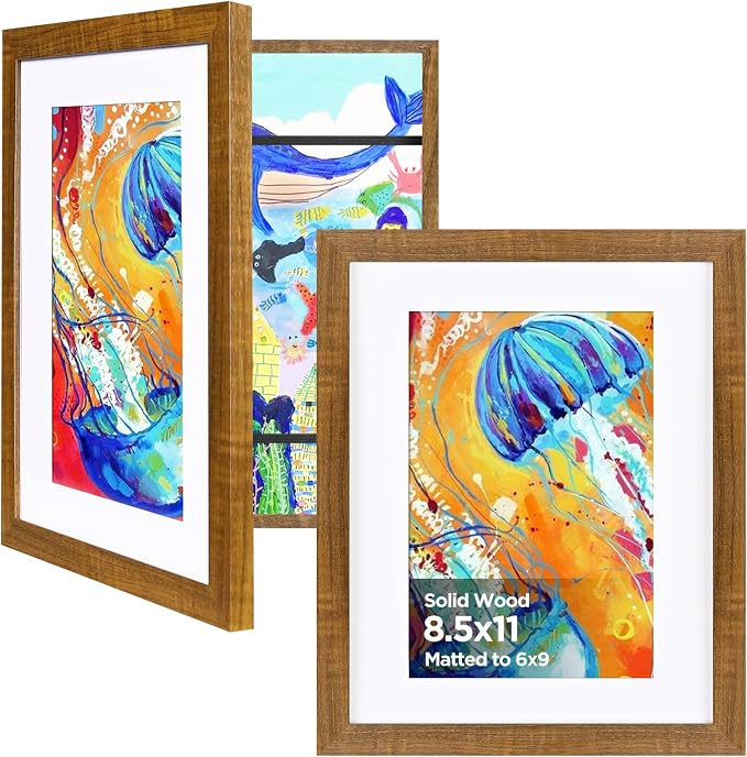 KINLINK 8.5x11 Kids Art Frame 2 Pack, Solid Wood Artwork Frames Changeable, Front Opening Hold 150 Pictures, Art Frames for Kids Artwork, 6x9 with Mat 8.5x11 without Mat, Picture Frames Teak
