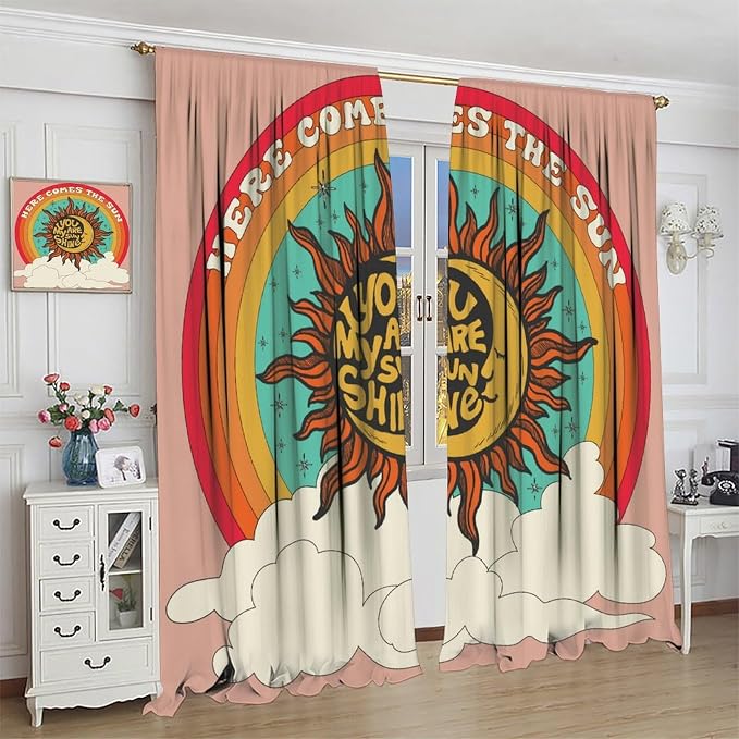 Vintage Sun Moon Blackout Curtains, 70S Groovy Retro Rainbow Clouds Window Treatment Drapes for Bedroom Living Room 63" W X 63" L