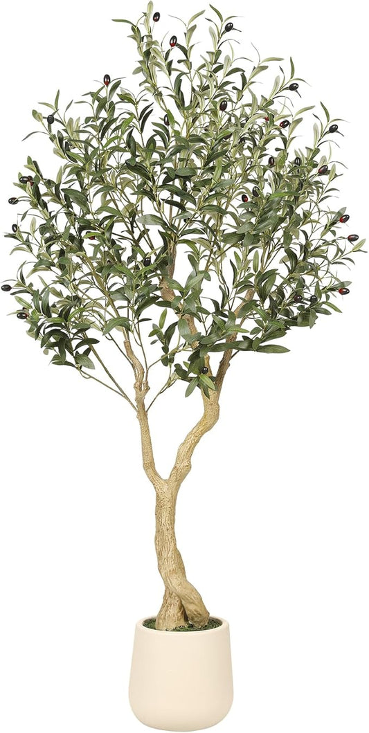 Realead Olive Trees Artificial Indoor - 5FT Faux Olive Tree with White Tall Exquisite Planter - Realistic Fake Olive Tree with Thick Trunk and Lifelike Branches for Home Office Decor
