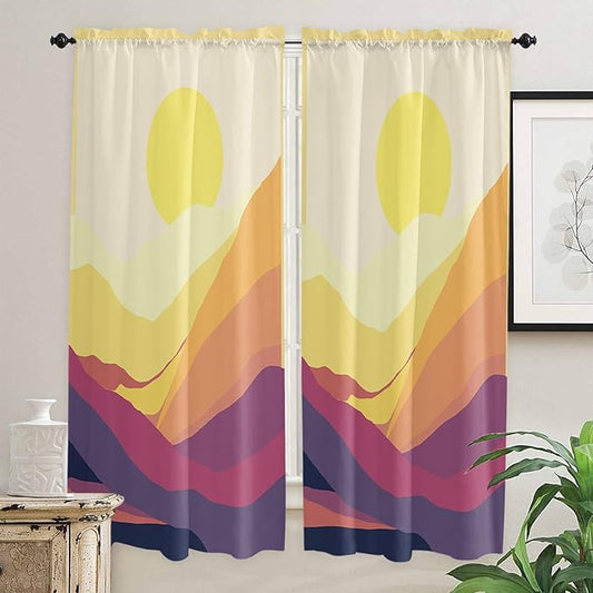 Kitchen Tier Curtains 72 inches Long, Sunset Mountain Yellow Beautiful Abstract Painting Window Curtains for Living Room Bath,Rod Pocket Light Filter Drapes Short Half Window Treatment Tiers 2 Panels