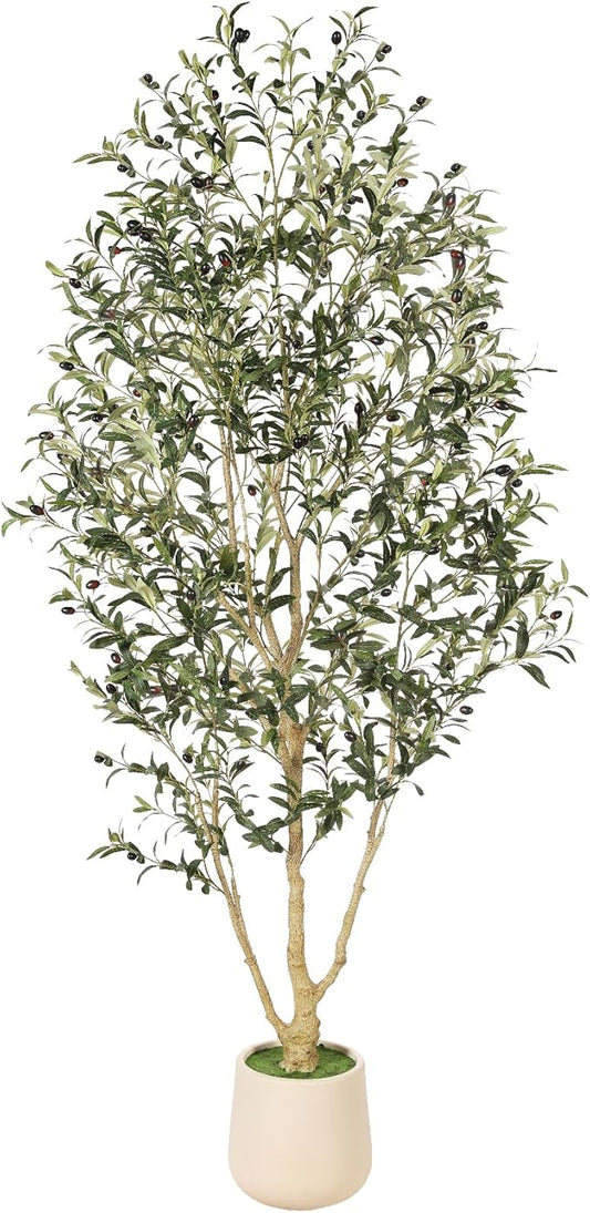 FEELEAD Faux Olive Tree 7ft with Planter - Realistic Artificial Indoor Tall Fake Potted Olive Tree with Natural Wood Trunk & Green Leaves, Elegant Tree for Home Office Decor