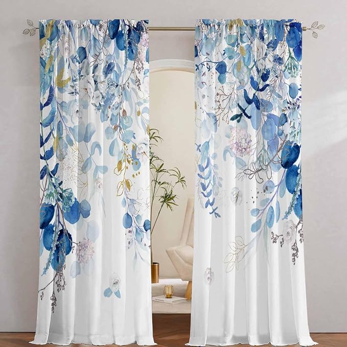 Blue Botanical Curtains 96 Inches Long for Living Room Watercolor Eucalyptus Leaves Light Filtering Curtains Spring Summer Blue and White Drapes for Bedroom Farmhouse Leaf Floral Printed Door Curtain