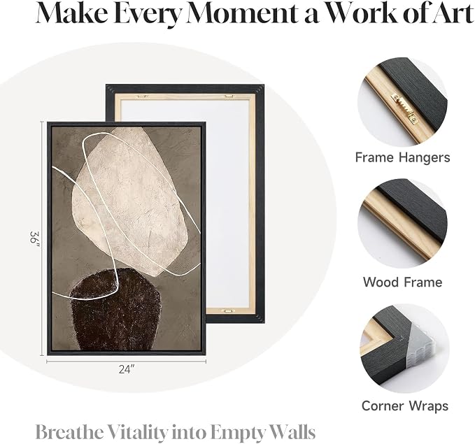 Framed Modern Abstract Wall Art for Living Room, Set of 2 Beige Brown Neutral Canvas Artwork for Walls, Large Contemporary Wabi Sabi Minimalist Painting Print for Hallway Bedroom Wall Decor, 24x36 In