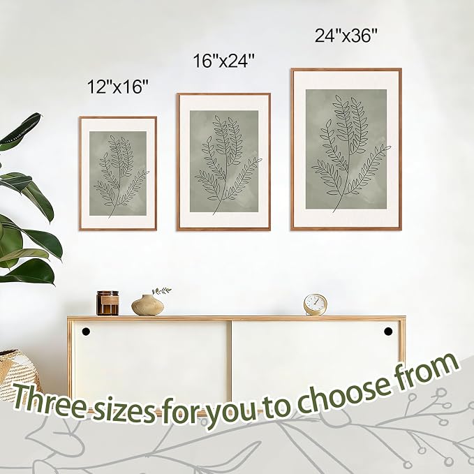 CHDITB Sage Green Framed Canvas Wall Art, Neutral Botanical Line Wall Decor, Olive Tone Plant Poster, Modern Farmhouse Floral Decor, Boho Minimalist Nature Prints for Bedroom Office Decor 16"x24"X3