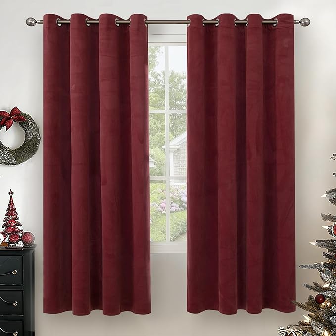 YoungsTex Burgundy Velvet Blackout Curtains 72 Inches Length for Living Room, Thermal Insulated Window Drapes with Grommet Privacy for Bedroom, 2 Panels, 52 X 72 Inch