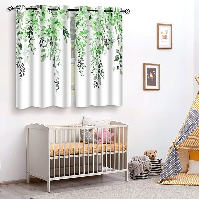 Green Watercolor Floral Curtains, Botanical Leaves Vine Flowers Curtain, Rustic Farmhouse Flower Leaf Blackout Window Treatment Drapes for Bedroom Living Room 52x63 inch, 2 Panels