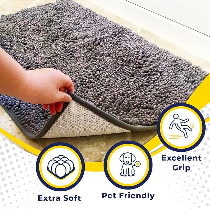 Muddy Mat® | Super Water Absorbent Door Mat Indoor, Microfiber Quick Dry Chenille Entryway Rug, Slip Resistant Front Door Mat, Indoor Mats for Entryway, Machine Washable Pet Rug, Grey 28"x18"