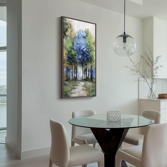 Framed Vertical Colorful Forest Living Room Wall Art, Large Tree & Path Picture Artwork for Walls, Farmhouse Landscape Vertical Canvas Print for Office Kitchen Foyer Stair Hallway Wall Decor, 20x40 In