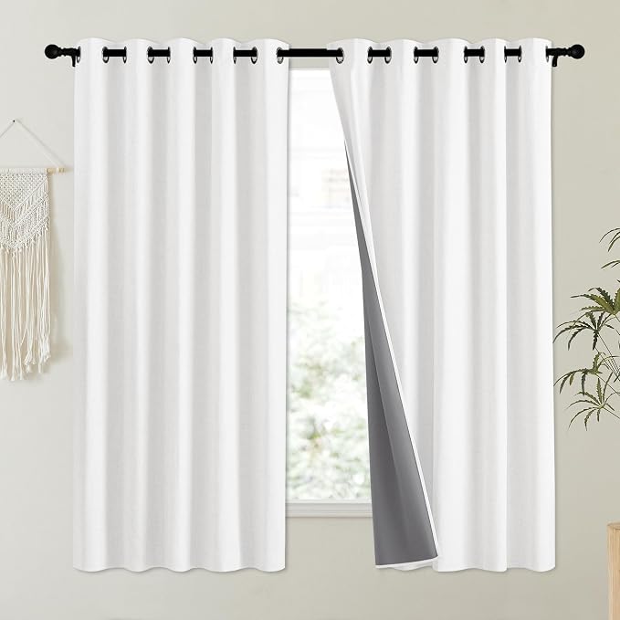 NICETOWN 100% Absolutely Blackout Linen Curtains with Thermal Insulated Liner, Greyish White, 62" Wide, 63" Length Energy Saving Curtains for Kitchen 2 Panels Set, Vertical Blinds