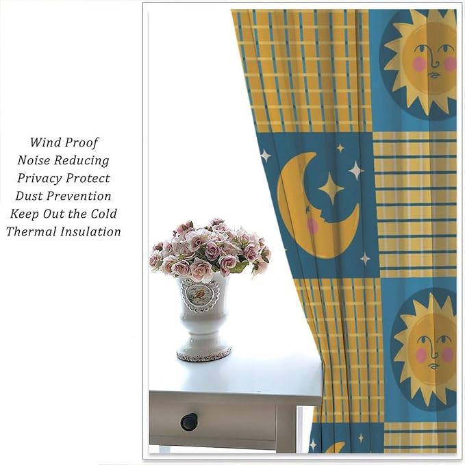 Retro Bohemian Plaid Blackout Curtains, Boho Sun Moon Stars Art Rustic Farmhouse Window Drapes, for Living Room Bedroom 72" W X 63" L