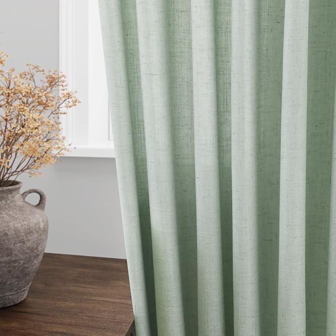 Aqua Green Linen Curtains 63 Inches Long 2 Panel Sets for Living Room Bedroom Rod Pocket Back Tab Light Filtering Drape for Kitchen Window Short Protect Privacy Curtain Modern Farmhouse Decor 52x63
