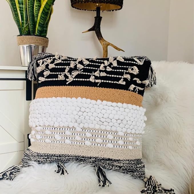 Throw Boho Pillow Cover, 18”x18” Bohemian Moroccan Rustic Decorative Pillows with Tufted Accents, Plush Handwoven Cotton, Textured Woven Neutral Farmhouse Scandinavian Home Decor