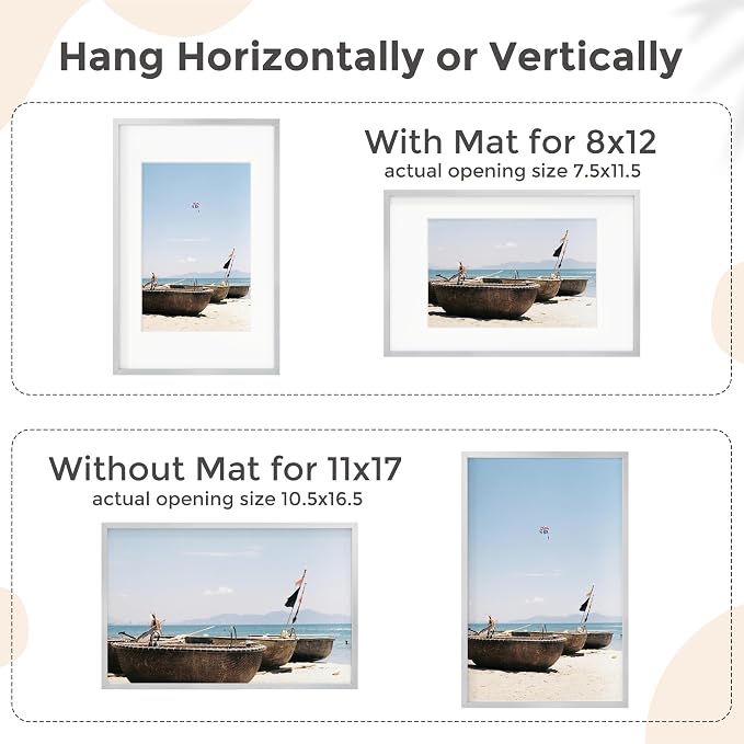 FLYJOE 11x17 Metal Picture Frame for Wall With Mat for 8x12, 11''x17'' Aluminum Photo Frames With Tempered Glass for Home Decor, Minimalist Modern Poster Frame Horizontal And Vertical Formats, Silver