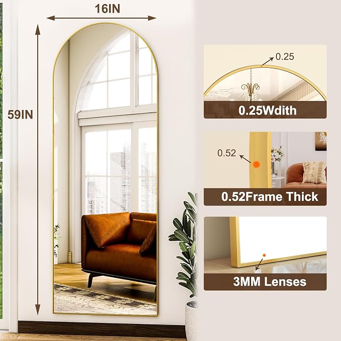 HARRITPURE 59"x16" Arched Full Length Mirror, Arch Floor Mirror with Aluminum Frame Standing Full Body Mirror for Home Bedroom Dressing Room, Gold