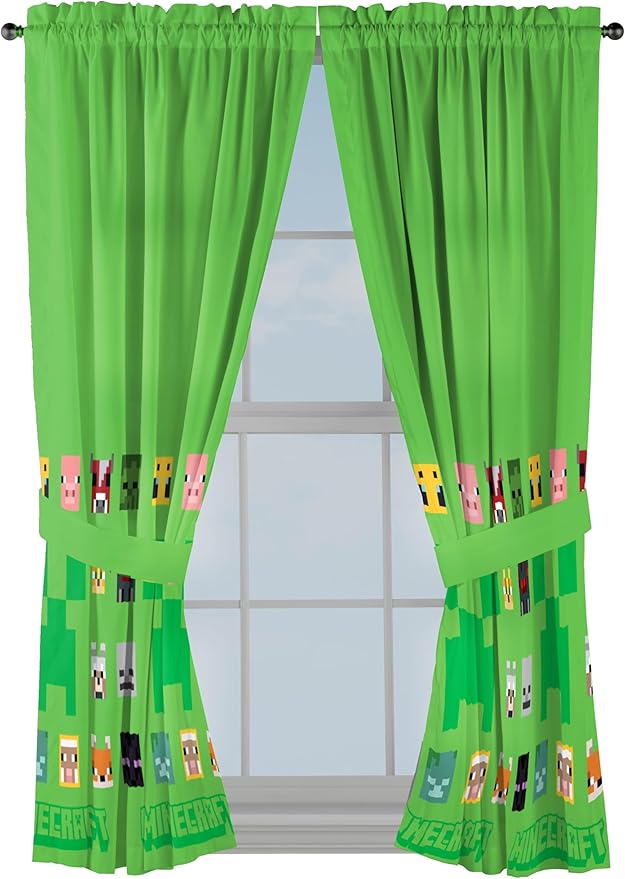 Sunny Side Up Window Curtains for Kids Bedroom 4-Piece Drape Set with 2 Tiebacks, Green - Minecraft, 42" W x 63" L (Pack of 2)