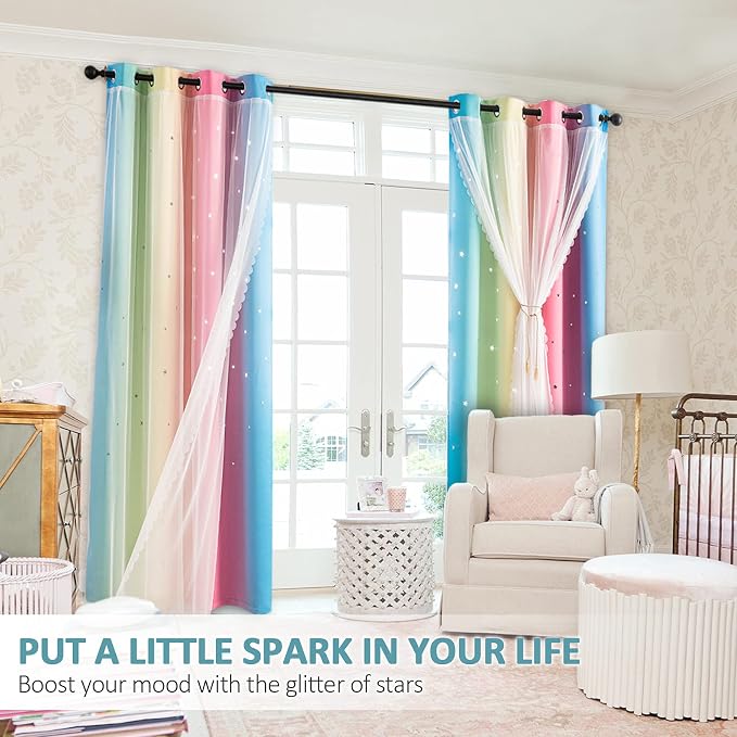 Stiio Girls Star Cutout Curtains 2 Panels, Room Darkening Blackout Curtains with Sheer Princess Yellow Pink Ombre Stripe Window Curtains for Nursery Home Decor, W52 x L95 inches