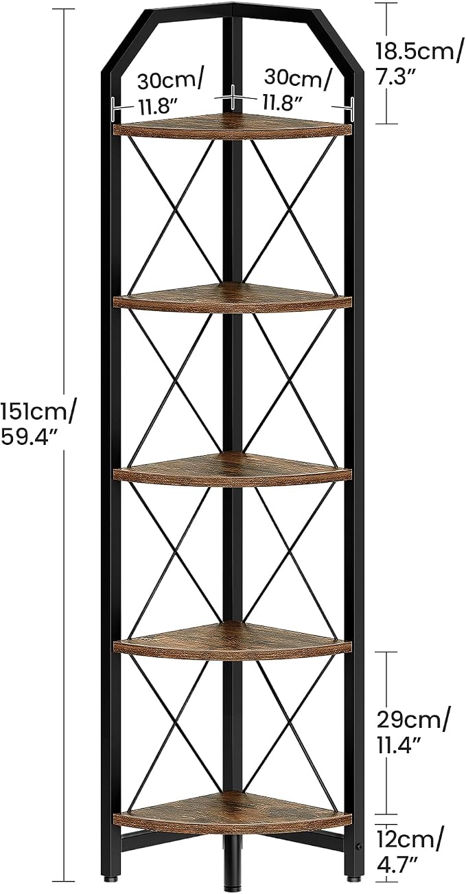 CHOEZON 59.4" Corner Shelf, 5-Tier Industrial Corner Bookshelf, Corner Storage Stand, Plant Stand Display Shelf, Bookcase for Bedroom, Living Room, Home Office, Rustic Brown and Black TCJ10BF