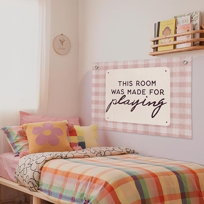 Playroom Wall Decor, This Room Was Made For Playing Playroom Banner, Banner Flag Wall Hanging Decor for Toddler Girls Baby Girl Room Nursery 20x30 Inch - Pink
