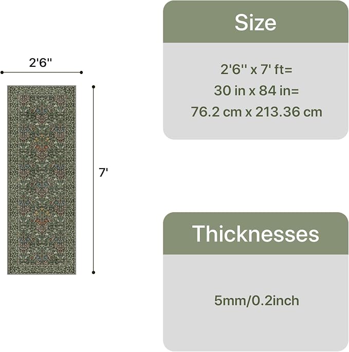 GENIMO 2.5x7 Washable Runner Rug, Non Slip Entryway Mat, Emerald Green | Vintage Boho Floral Low Pile Thin Mat for Entryway, Kitchen, Bedroom, Indoor Decor