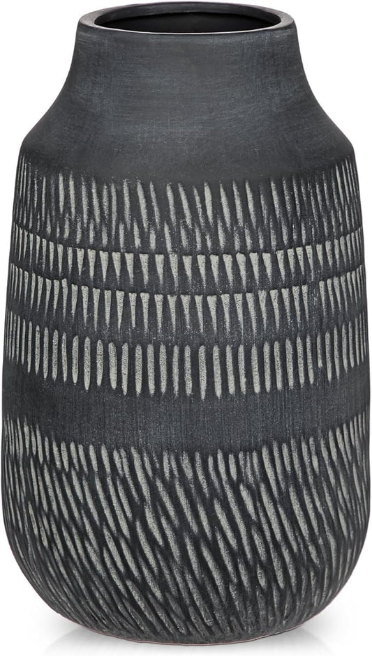 11" Rustic Farmhouse Vase with Linear Stripe, Antique Ceramic Vase Handmade in Pottery, Decorative Vintage Style for Home, Living Room, Shelf & Entryway Decor, Dark Gray
