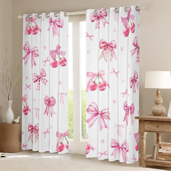 Erosebridal Pink Bow Kids Curtain Cherry Bow Girls 42" Wx63 L Window Curtain Cute Kawaii Bowknot Window Treatments Watercolor Star Ribbon Bow Tie 30%-50% Blackout Curtains for Bedroom
